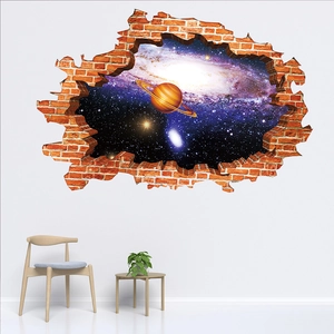 Detailed 3D cosmic wall sticker with space galaxy view through a realistic brick wall crack
