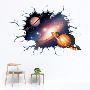 Detail of 3D cracked wall effect wall sticker showing galaxy stars and planets