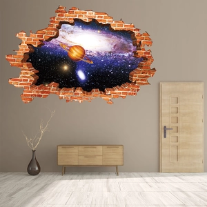3D cracked wall sticker showing deep galaxy cosmic landscape with Saturn and nebula