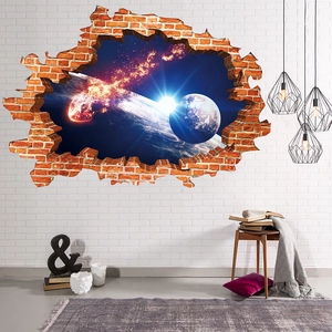 3D outer space wall sticker featuring earth and meteor crashing through a red brick wall