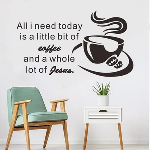 Detail of coffee vinyl wall sticker with inspirational quotes and decorative icons