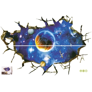 Detailed 3D broken wall planet wall sticker featuring astronauts and space galaxy scenery