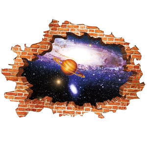 3D cracked wall outer space wall sticker featuring galaxy stars and planets decor