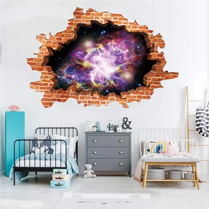 Detailed 3D broken brick wall sticker featuring a vibrant cosmic nebula and stars for kids rooms