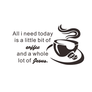 Vinyl wall decal featuring coffee cup and Jesus quote for kitchen and dining decor