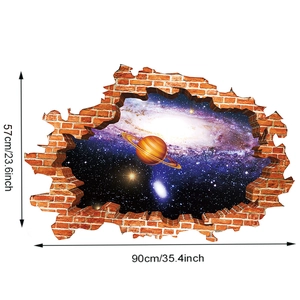 Detail view of 3D cracked wall galaxy sticker showing 90x57cm size dimensions