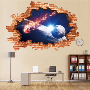3D outer space wall sticker featuring a broken brick wall effect with galaxy and planets