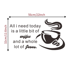 Kitchen wall decal featuring Jesus and coffee text quote with 56cm x 32cm dimensions