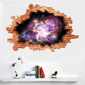 Detailed 3D broken red brick wall sticker showing a vibrant galaxy nebula space view