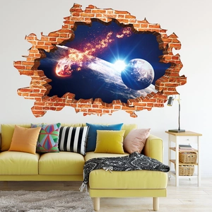 Detailed view of 3D cracked wall sticker with galaxy and cosmic planet on white wall