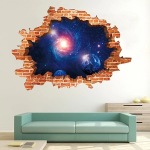 3D outer space broken wall sticker featuring a blue planet and spiral galaxy for bedrooms