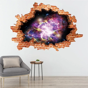 3D cracked wall sticker with galaxy nebula view for kids room decor over a grey sofa