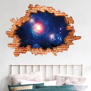 3D wall decal of outer space galaxy through a broken brick wall for kids bedroom