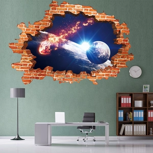 Detailed 3D outer space wall decal with realistic galaxy planets and fiery meteorites