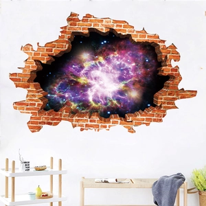 3D brick wall mural showing a vibrant outer space nebula for home decoration