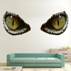 Detailed realistic 3D dinosaur eyes wall stickers with green scales on a white living room wall