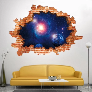 Detailed 3D broken brick wall sticker showing a realistic deep galaxy and stars view