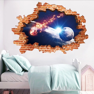 3D cracked brick wall sticker featuring a cosmic galaxy space scene for kids bedroom decor