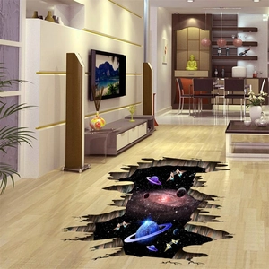 3D outer space planet nebula floor sticker with broken wall effect for living room decor