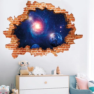 Detailed 3D broken wall decal with space galaxy scene for a modern kid bedroom