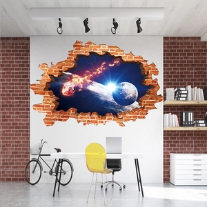 Detail of 3D cracked wall sticker showing galaxy space with meteors and planets