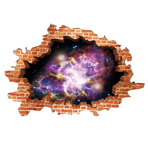 3D wall sticker with galaxy nebula and realistic broken brick wall effect for bedrooms