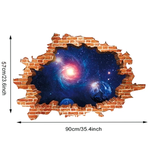 3D cracked wall sticker with galaxy space design showing stars and planet size 90x57cm