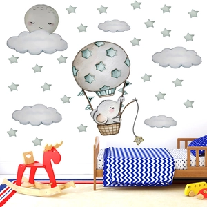 Elephant in hot air balloon wall sticker with stars and moon for kids bedroom decor