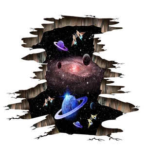 3D outer space wall sticker with blue planets, star nebula and futuristic spaceships