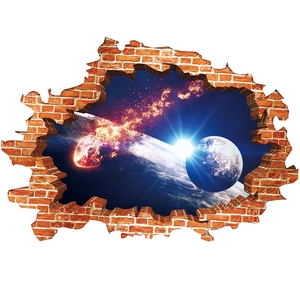 3D wall sticker with broken brick effect showing galaxy and comet space scene