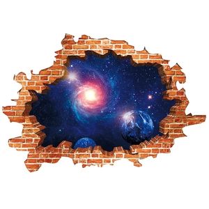 3D broken wall space sticker featuring galaxy and blue planet for bedroom wall decor