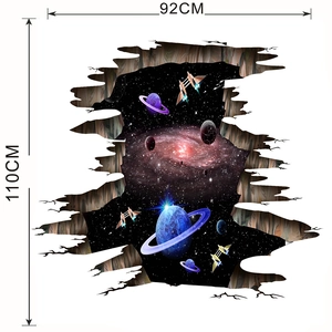Detail showing 3D cracked wall space sticker with vivid galaxy planets and dimensions 92x110cm