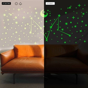 Glow-in-the-dark stars and moon wall sticker set showing daytime vs nighttime effect