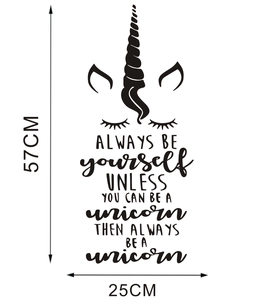 Dimensions détaillées du sticker mural licorne de 57cm x 25cm avec citation inspirante