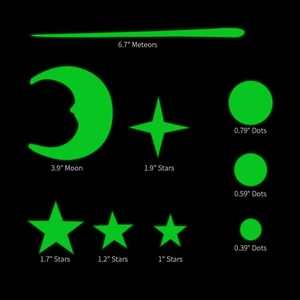Luminous wall stickers set with glowing stars and moon measurements in inches