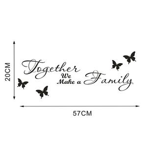 Detailed view of Family vinyl wall decal with dimensions 57x20cm and butterfly silhouettes