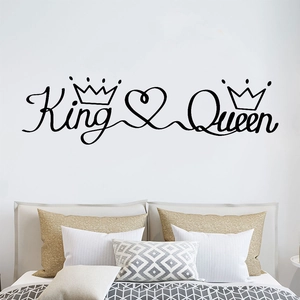 Elegant King and Queen wall decals with crown and heart symbols for bedroom decor