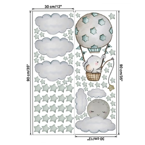 Cartoon elephant and moon wall decal set with 30x90cm layout dimensions for nursery