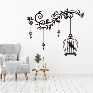Floral vine birdcage wall decal in black vinyl for creative living room and bedroom decor