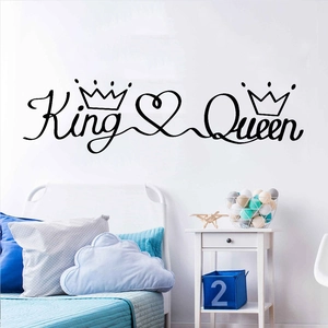 Minimalist King and Queen wall sticker with crowns and heart for bedroom decor