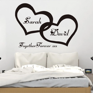 Romantic double heart wall decal with personalized names for bedroom wall decoration