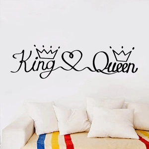 Minimalist King and Queen wall sticker with heart and crown for couple bedroom decor