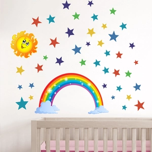 Rainbow, sun and colorful stars wall stickers set for creative kids nursery decoration