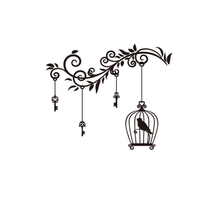 Floral vine birdcage wall sticker with vintage keys in black silhouette design