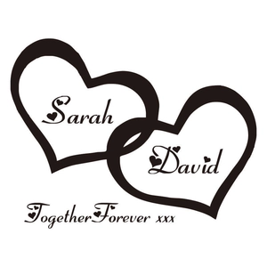 Custom vinyl wall sticker featuring two interlocking hearts with names Sarah and David
