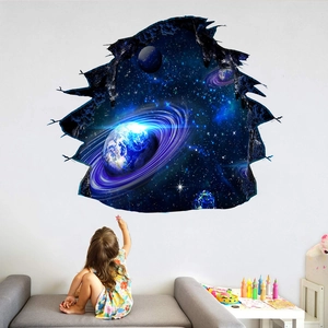 Detailed 3D wall decal of outer space starry galaxy with girl sitting on sofa