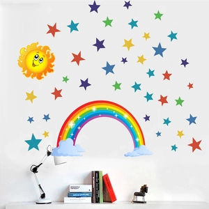 Nursery wall decals featuring cartoon sun, colorful rainbow and vibrant star stickers