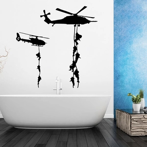 Military wall sticker featuring black helicopter and soldier silhouettes for home decor