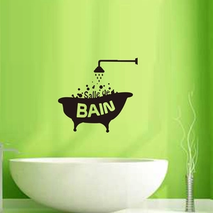 Minimalist black vinyl wall decal with bathtub and Salle de Bain text for bathroom decor