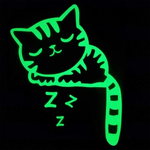 Glow in the dark wall sticker featuring a sleeping cartoon cat with fluorescent stars